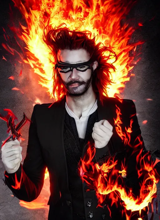 Image similar to An epic fantasy comic book style portrait painting of man with red spiked long hair, using googles. Wearing a black waistcoat, white shirt. Fire on his hands. Unreal 5, DAZ, hyperrealistic, octane render, cosplay, RPG portrait, dynamic lighting