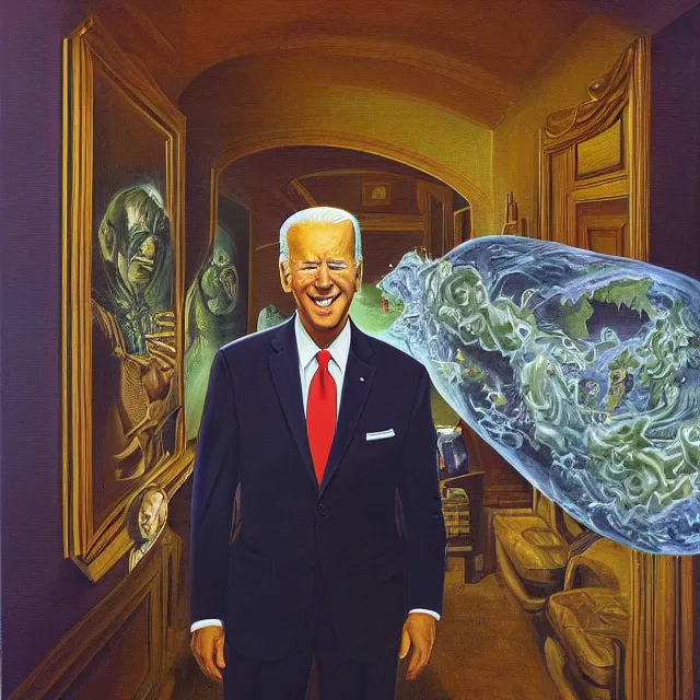 Image similar to an oil on canvas portrait painting of joe biden at the white house, surrealism, surrealist, cosmic horror, rob gonsalves, high detail
