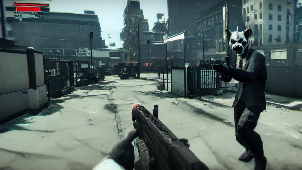Image similar to Screenshot from the PC game Payday 2 demonstrating the fursuit unlock