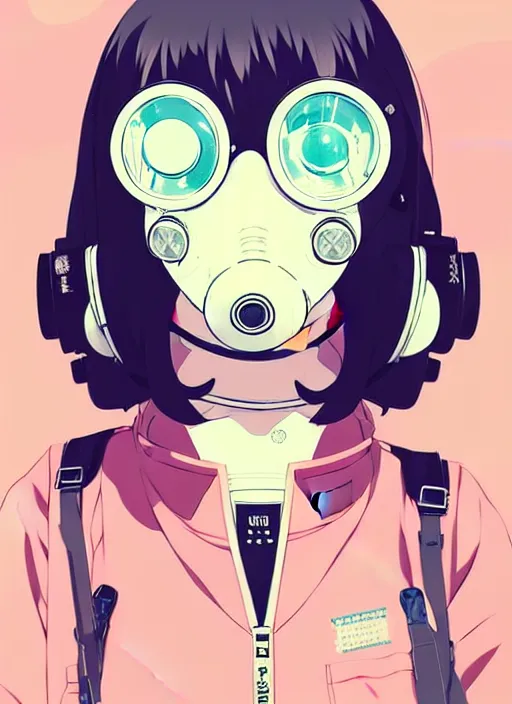 Image similar to girl wearing gas mask and uniform, very anime!!! anime!! intricate details, aesthetically pleasing pastel colors, smoke poster background, art by conrad roset and ilya kuvshinov