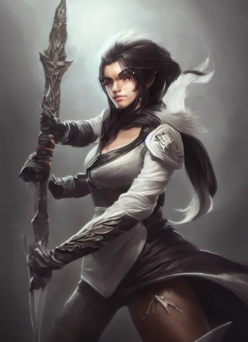 Prompt: a highly detailed illustration of fierce messy ponytail black haired one armed delinquent woman wearing uniform cap wearing long white coat cape, dramatic wielding sword pose, muscular, intricate, elegant, highly detailed, centered, digital painting, artstation, concept art, smooth, sharp focus, league of legends concept art, wlop.