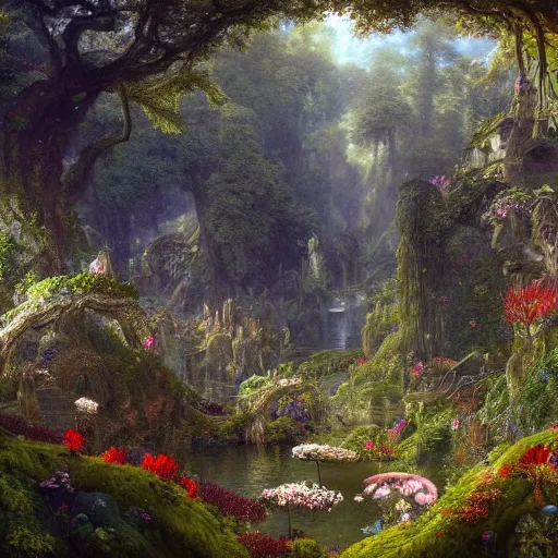 Image similar to a beautiful and highly detailed matte painting of a magical flower covered pergoda in a fantasy garden in a lush forest deep in the mystical mountains, intricate details, epic scale, insanely complex, 8 k, sharp focus, hyperrealism, very realistic, by caspar friedrich, albert bierstadt, james gurney, brian froud,