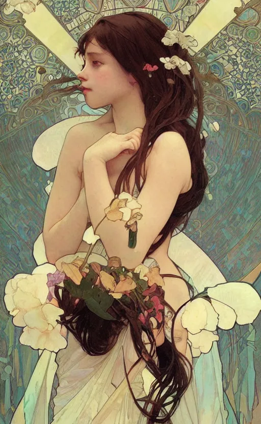 Image similar to egirl!!!!! aesthetic!!!! girl painting by tran nguyen ilya kuvshinov alphonse mucha and greg rutkowski