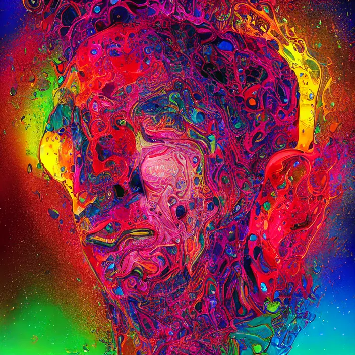 Image similar to illustration of a colorful melting human head. circles, ferrofluids, water distortions. intricate abstract. intricate artwork. beeple