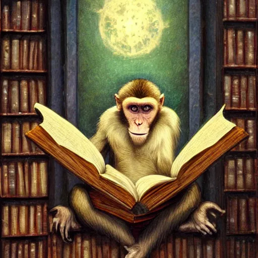 Prompt: a monkey reading a book in a library, fantasy, by seb mckinnon