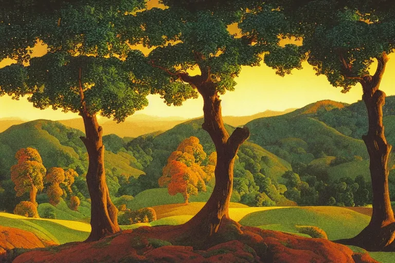 Prompt: masterpiece painting of oak trees along the ridge at dawn, by a. j. casson and john watkiss and edward okun and dan munford and maxfield parrish and kelly freas