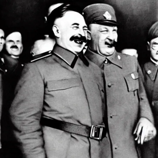 Image similar to stalin laughing along hitler in a ww 2 photograph