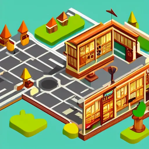 Image similar to isometric town, style of Hello Neighbor, dim lighting