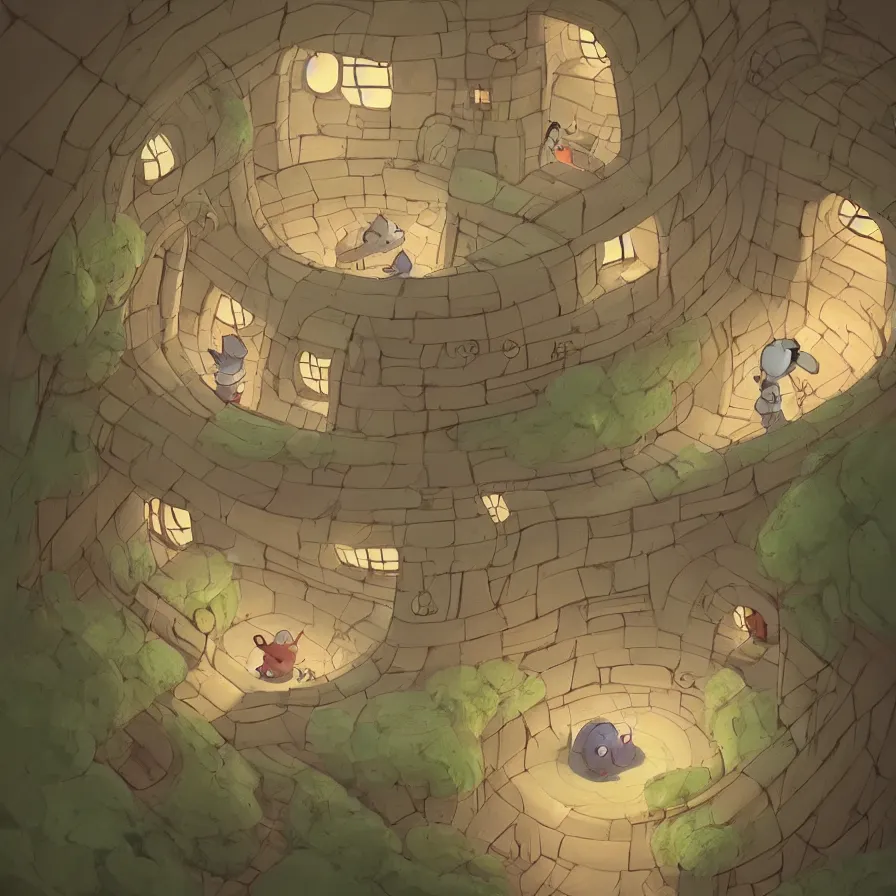 Prompt: Goro Fujita illustrating View of the house of an underground rabbit, with all the labyrinths that communicate with each other, art by Goro Fujita, sharp focus, highly detailed, ArtStation