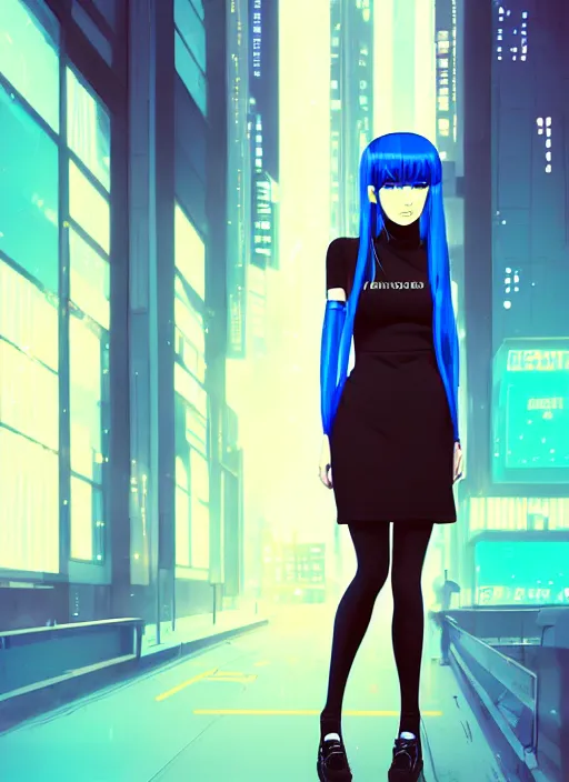 Image similar to digital illustrationportrait of cyberpunk pretty girl with blue hair, wearing a tight black dress, in city street at night, by makoto shinkai, ilya kuvshinov, lois van baarle, rossdraws, basquiat