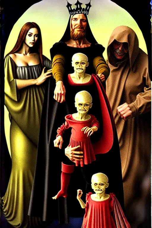 Image similar to renaissance style creepy family, wearing a crown and a cape, dark background, by richard corben