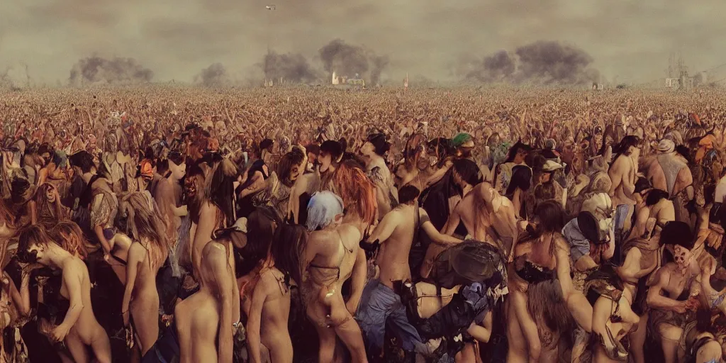 Image similar to Photorealistic people at woodstock 99 by H.R. Giger, KDA and Sam Yang, trending on artstation