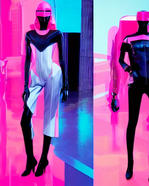 Prompt: an award winning fashion photograph for Balenciaga's futuristic cyberpunk Bladerunner 2049 fall corporate line by Artgerm, dazzle camouflage!, dayglo pink, dayglo blue, raven black, the Matrix