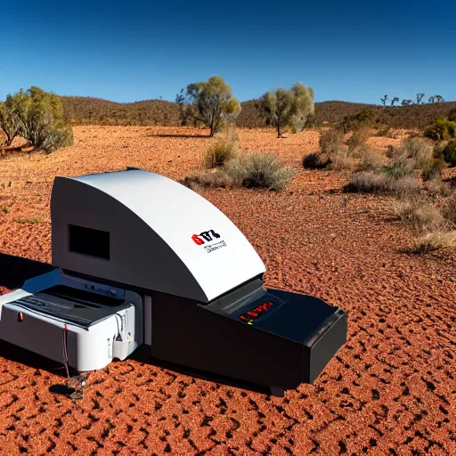 Prompt: stl model slicer GUI control device for industrial house printer, in the australian desert, XF IQ4, 150MP, 50mm, F1.4, ISO 200, 1/160s, dawn