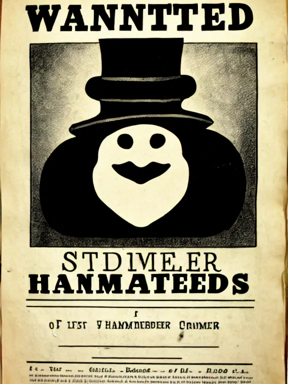 Image similar to a wanted poster for the hamburglar, 1 8 7 6