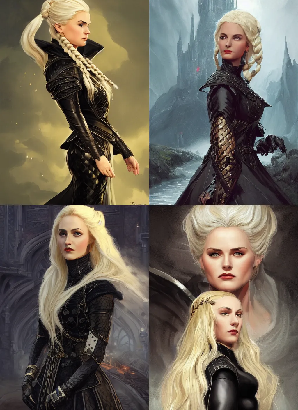 Prompt: a serious looking woman wearing a glossy black dress shaped like a chess piece, checkered motiffs, blonde braided hair. fantasy concept art. moody epic painting by jc leyendecker, and thomas kinkade. artstationhq. painting with vivid color. ( dragon age, witcher 3, lotr )