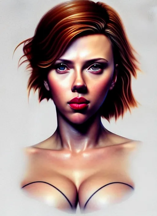 Image similar to full body gorgeous Scarlett Johansson, realistic character concept, full body pose, arm tattoos, autumn, makeup, shorter neck, illustration, symmetrical eyes and body, cinematic lighting, detailed realistic symmetrical eyes, artgerm, Joshua Middleton, single face, insanely detailed and intricate, beautiful