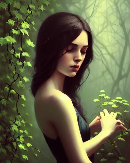 Image similar to stylized dark gloomy mysterious portrait of an artistic pose, composition, young lady sorrounded by nature, cinematic moody colors, ivy, flowers, one single head, realistic shaded, fine details, realistic shaded lighting poster by ilya kuvshinov, magali villeneuve, artgerm, jeremy lipkin and michael garmash and rob rey