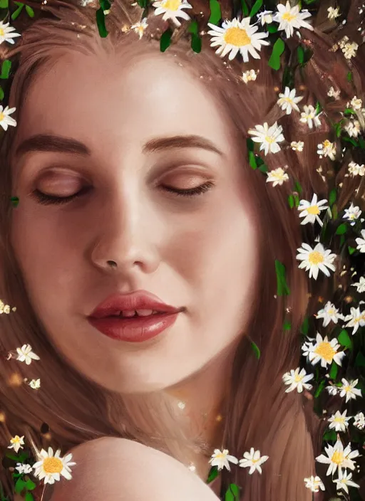 Prompt: portrait, close-up of a smiling beautiful female, blonde,, wearing a crown of daisies, beautiful happy face, ethereal, starry, space, magical atmosphere, maximalist, cinematic lighting, cinematic atmosphere, trending on artstation, cgsociety, 8k, high resolution, in the style of Faiza Maghni, David Ligare, Flora Borsi, Daniel Gerhartz, watercolor, dramatic lighting, cinematic, establishing shot, extremely high detail, foto realistic, cinematic lighting, pen and ink, intricate line drawings, by Yoshitaka Amano, Ruan Jia, Kentaro Miura, Artgerm, post processed, concept art, artstation, matte painting, style by eddie mendoza, raphael lacoste, alex ross