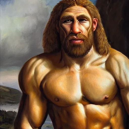 Image similar to a realistic muscular blonde neanderthal man painting