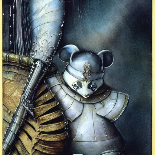 Image similar to an anthropomorphic white mouse samurai wearing armor by Eiko Ishioka cinematic concept painting by brian froud and hr giger