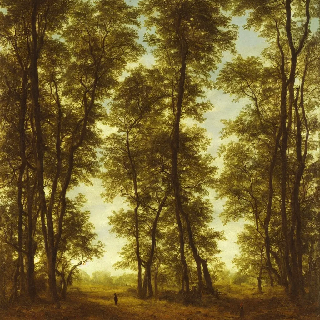 Image similar to a realistic oil painting of a forest at midday, dutch masters