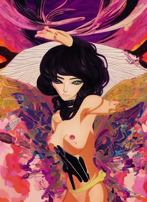 Prompt: portrait of a psychedelic angel, digital painting masterpiece, advanced lighting technology, stylized yet realistic anatomy and face, gorgeous, by reiq and bengus and akiman and shigenori soejima and bastien vives and balak and michael sanlaville and jamie hewlett, 4 k wallpaper, cinematic, gorgeous brush strokes, coherent and smooth