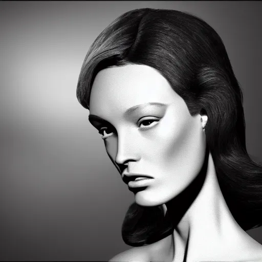 Prompt: A young beautiful female angelic-extraterrestrial-cyborg face looking like Marlene Dietrich with a very long neck, big clear eyes, thin nose, big lips, hair floating in the wind, Realistic, Refined, Digital Art, Pre-Raphaelite, Highly Detailed, Cinematic Lighting, rim light, black and white, high contrast, hyper real, photo-realistic Unreal Engine, 8K