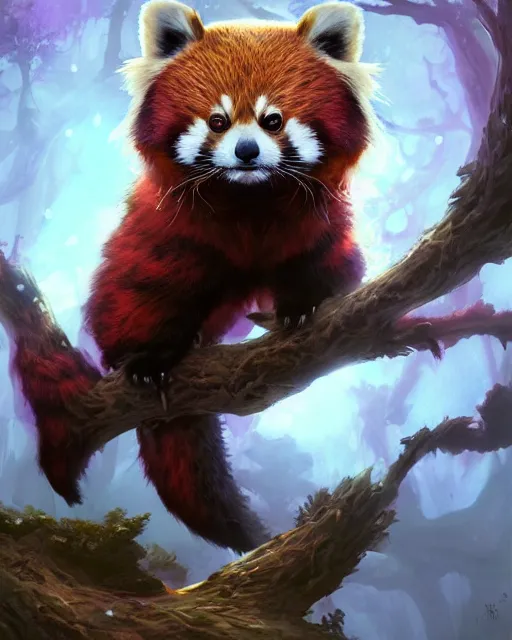 Image similar to Red Panda Shapeshifter Druid Mage, D&D, artstation, fantasy, magic the gathering artwork, cinematic lighting, centered, symmetrical, highly detailed, digital painting, , concept art, smooth, sharp focus, illustration, volumetric lighting, epic Composition, 8k, art by Akihiko Yoshida and Greg Rutkowski and Craig Mullins, oil painting, cgsociety