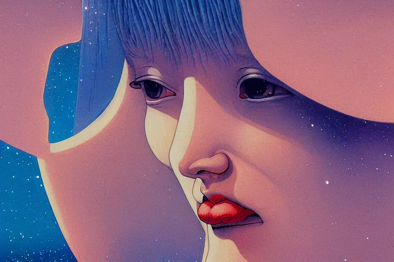 Image similar to a scifi closeup portrait of a young british woman licking a blotter paper of LSD acid on his tongue and dreaming psychedelic hallucinations in cosmos, by kawase hasui, moebius, Edward Hopper and James Gilleard, Zdzislaw Beksinski, Steven Outram colorful flat surreal design, hd, 8k, artstation