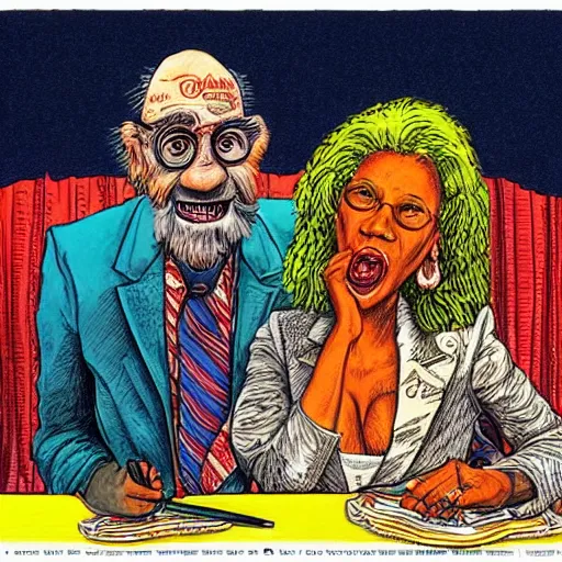 Prompt: The Artwork of R. Crumb and his Cheap Suit Aunt Jamima tells you to eat pancakes and syrup, pencil and colored marker artwork, trailer-trash lifestyle