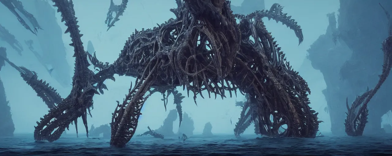 Image similar to a gigantic skeletal remain of a unknown sea creature half submerged in ocean 8 k uhd, unreal engine, octane render in the artstyle of finnian macmanus, john park and greg rutkowski