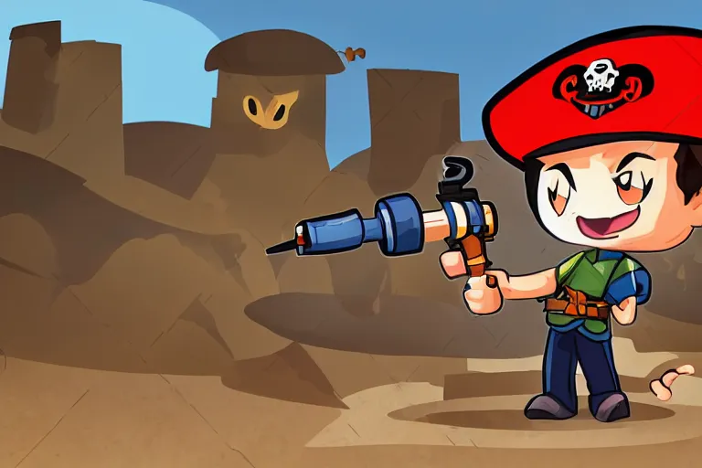 Image similar to little man with a pirate hat holds a bazooka, chibi, game character design