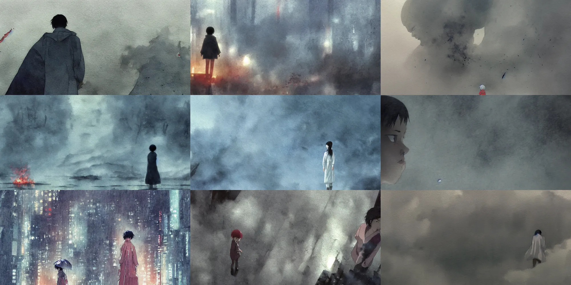 Prompt: incredible creative screenshot, exceptional, emotional, ending scene, simple water color, paper texture, katsuhiro otomo ( ( ( ghost in the shell ) ) ) anime movie scene, girl in raincoat, thin fog, smoke, destroyed robots, crater, chasm, blazing fire, burning inferno, vertigo