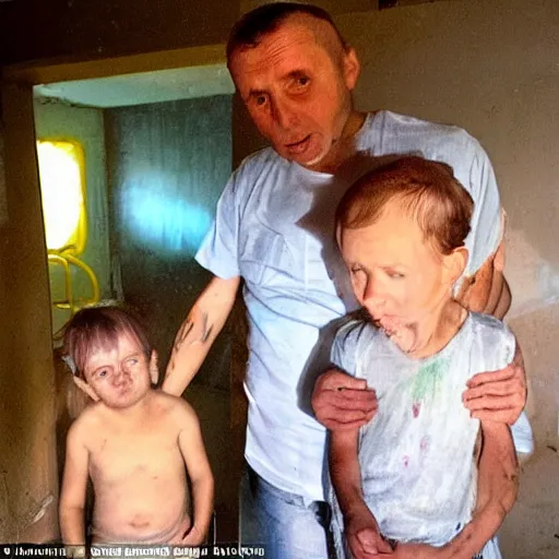 Prompt: radiation eats a ukrainian and his children alive, wild pain and desperate selfies, against the backdrop of a huge nuclear explosion from which the skin has already burned to the bone