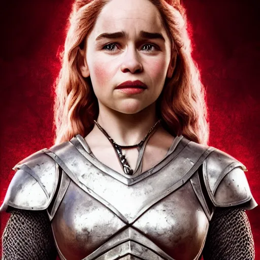 Image similar to emilia clarke, as a medieval fantasy character, with dark reddish hair, wearing light, silver armor and red clothing, tan complexion, holding a longsword, determined expression, noble, cinematic, dark, realistic, digital art, 8 k