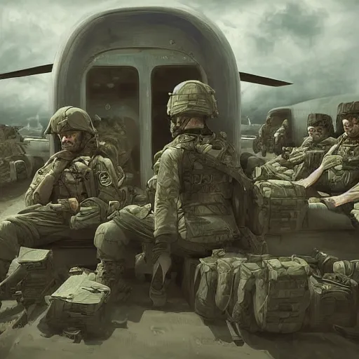 Image similar to soldiers sitting inside a plane on their way to the battlefield, an emotionless look on their faces, digital painting, highly detailed, illustration, intricate, in the style of grek rutkowski