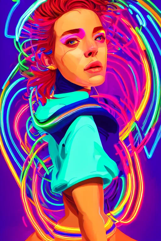 Image similar to a award winning portrait of a beautiful woman with stunning eyes in a one off shoulder croptop and cargo pants with rainbow colored hair, outlined by whirling illuminated neon lines and fine lines swirling in circles by rhads, digital art, trending on artstation