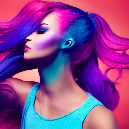 Image similar to a award winning upper body portrait of a beautiful woman in a tanktop with a ombre purple pink hairstyle with head in motion and hair flying, outrun, vaporware, vivid colors, highly detailed, fine detail, intricate