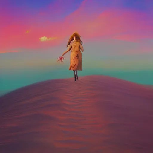 Prompt: closeup, giant dahlia flower as a head, a girl walking between dunes, surreal photography, sunrise, blue sky, dramatic light, impressionist painting, digital painting, artstation, simon stalenhag