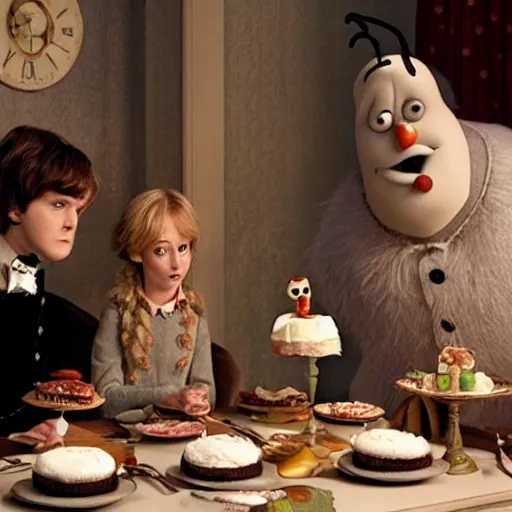 Image similar to a scene from the book A Series of Unfortunate Events where Olaf is eating cake by American author Daniel Handler