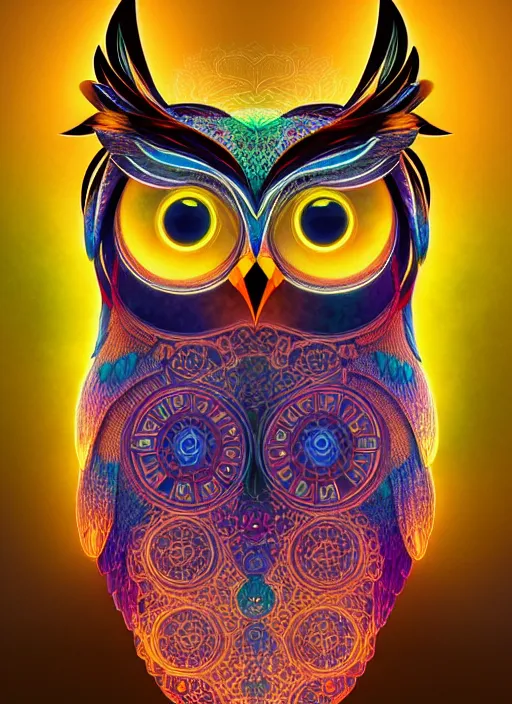 Image similar to symmetry!! product render poster vivid colors divine proportion owl, 神 圣, glowing fog intricate, elegant, highly detailed, digital painting, artstation, concept art, smooth, sharp focus, illustration,