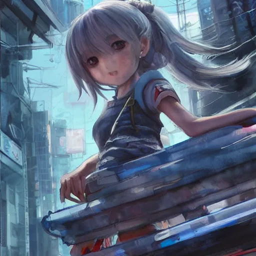 Image similar to dynamic composition, motion, ultra-detailed, incredibly detailed, a lot of details, amazing fine details and brush strokes, colorful and grayish palette, smooth, HD semirealistic anime CG concept art digital painting, watercolor oil painting of Clean and detailed post-cyberpunk sci-fi close-up schoolgirl in asian city in style of cytus and deemo, blue flame, relaxing, calm and mysterious vibes,, by a Chinese artist at ArtStation, by Huang Guangjian, Fenghua Zhong, Ruan Jia, Xin Jin and Wei Chang. Realistic artwork of a Chinese videogame, gradients, gentle an harmonic grayish colors. set in half-life 2, Matrix, GITS, Blade Runner, Neotokyo Source, Syndicate(2012), dynamic composition, beautiful with eerie vibes, very inspirational, very stylish, with gradients, surrealistic, dystopia, postapocalyptic vibes, depth of field, mist, rich cinematic atmosphere, perfect digital art, mystical journey in strange world