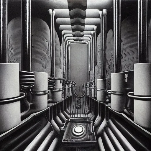 Prompt: a large room with tubes on the walls and a funnel leading down, h r giger