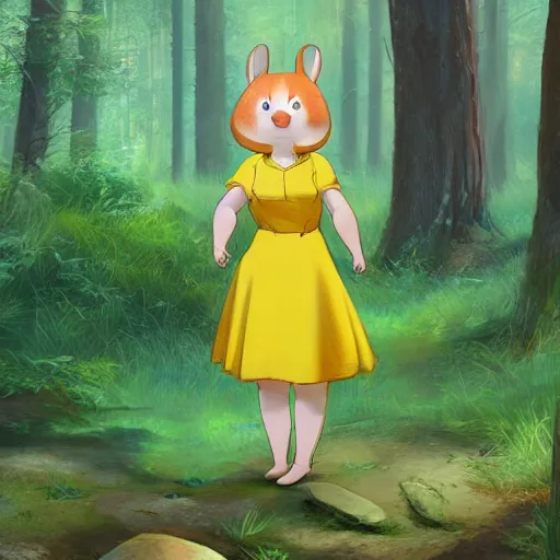 Image similar to concept art painting of an anthropomorphic chubby doe wearing yellow dress, in the deep forest, realistic, detailed, cel shaded, in the style of makoto shinkai and greg rutkowski and james gurney