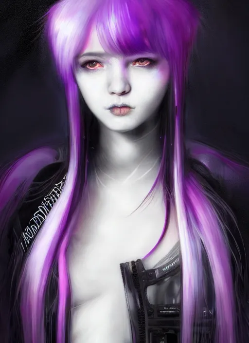 Image similar to hair whitebangs hair, black cyberlox, portrait of teenage girl with white bangs, whitebangsblackhair, messy bangs, cyberlox, whitebangs, red irises, purple clothes, intricate, elegant, glowing lights, highly detailed, digital painting, artstation, concept art, sharp focus, illustration, art by wlop, mars ravelo and greg rutkowski