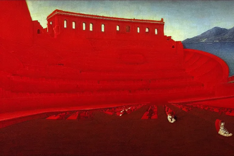 Image similar to only with red, a red great emperor, taormina amphitheatre, expressive crowd hails him, in the style of beksinski, parts by edward hopper, parts by rodcenko, parts by yue minjun, intricate and epic composition, red by caravaggio, insanely quality, highly detailed, masterpiece, red light, artstation, 4 k