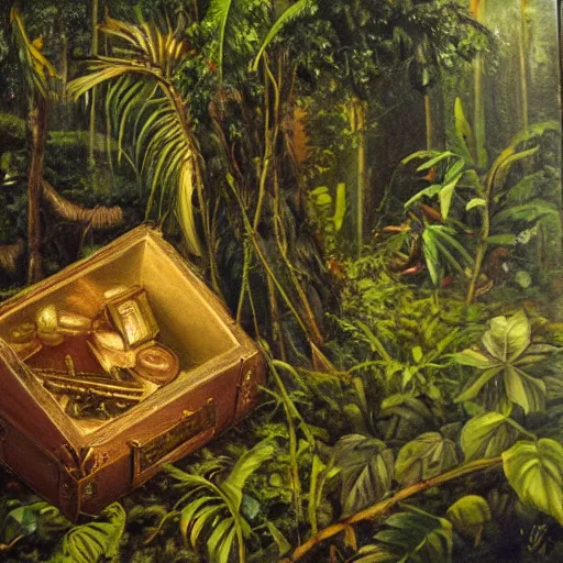 Image similar to an oil painting of a treasure lost in a lush rainforest