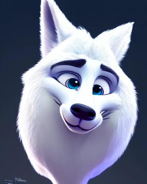 Image similar to portrait of cute anthropomorph white wolf in the style of zootopia, volumetric light, artstation, concept art, 8 k, high detail, perfect