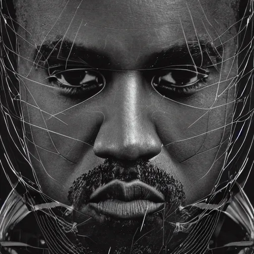 Prompt: cinematic photograph of Kanye West as a Futuristic Cyborg, close up, portrait, album cover, shallow depth of field, 40mm lens, gritty, textures